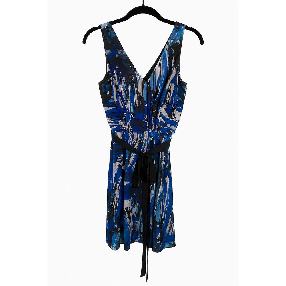 Abstract Print Blue Sleeveless Dress w/ Black Belt | V-Neck Fit & Flare Size S/M